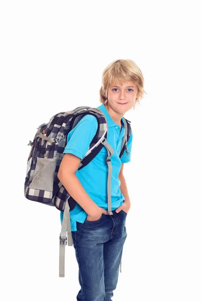 Blond Jongen Met Tas Voorkant Van Witte Achtergrond — Stockfoto