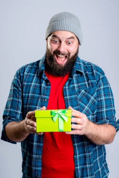 Young Bearded Man Green Gift Box — Stock Photo, Image