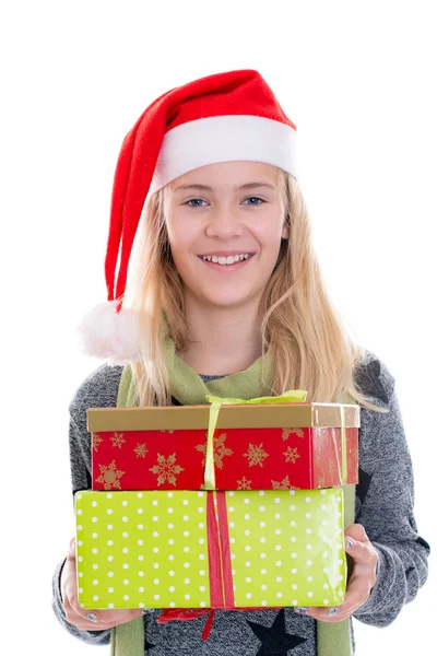 Glimlachend Meisje Met Santa Pet Aanwezig — Stockfoto