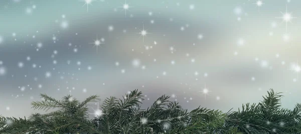 Weihnachtsdekoration Mit Tannenzweigen Und Fallendem Schnee — Stockfoto