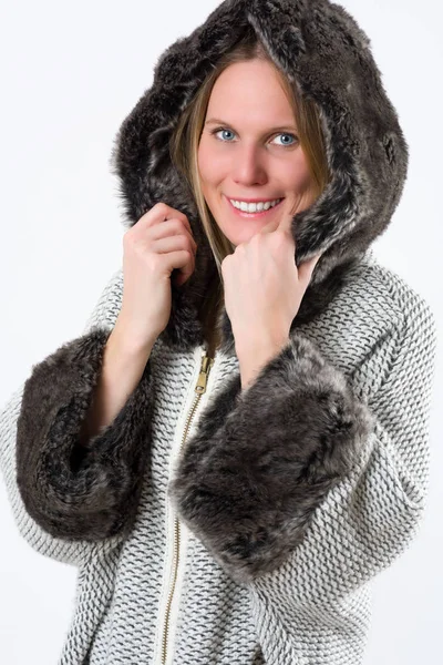 Upper Body Portrait Blond Woman Winter Jacket Isolated White — Stock Photo, Image