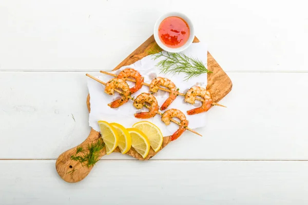 Fried Prawns Asian Sauce Fresh Lemons Dill — Stock Photo, Image