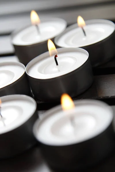 Tealights Arranged Wooden Bench — Stock Photo, Image