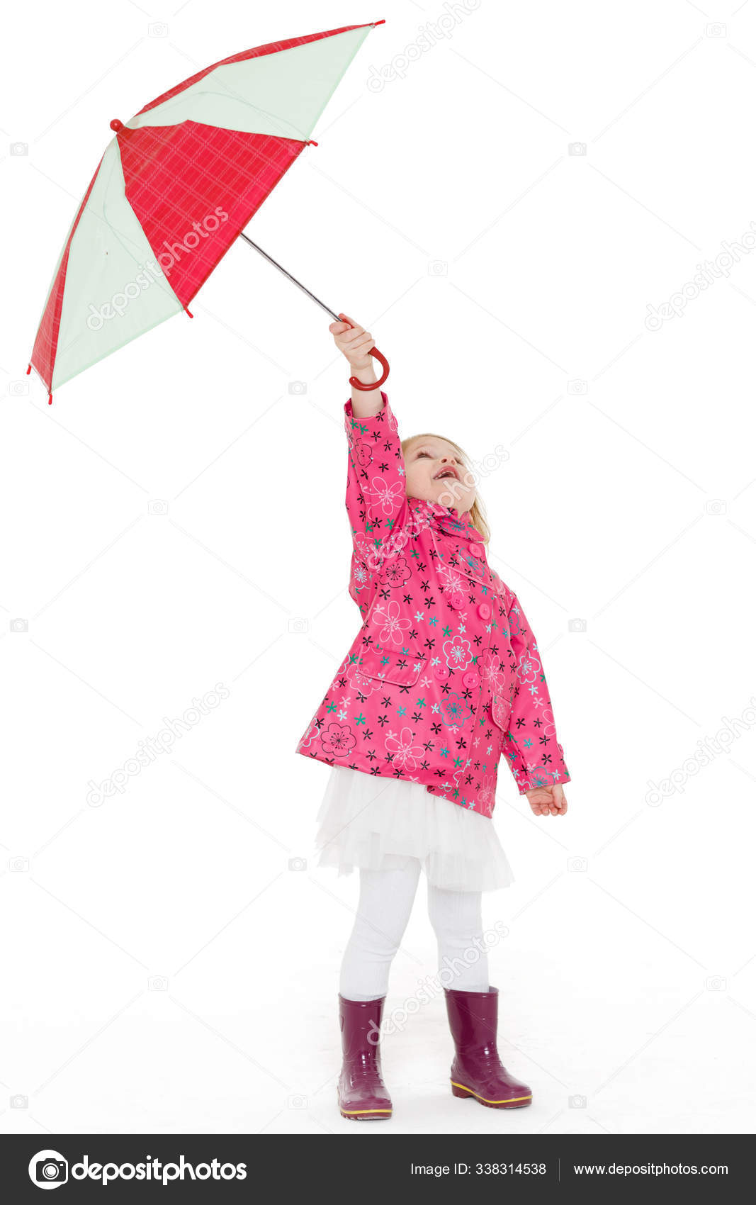Cute Cheerful Little Girl Raincoat Rubber Boots Umbrella Stands White