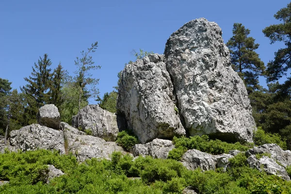 有岩石 树木和天空的山地景观 — 图库照片