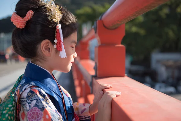Ένα Νεαρό Ιαπωνικό Κορίτσι Ένα Κιμονό Εξωτερικούς Χώρους Μια Γέφυρα — Φωτογραφία Αρχείου