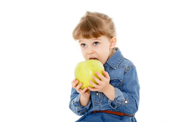 Sweet Small Girl Fresh Big Apple Sits White Background Healthy — Stock Photo, Image