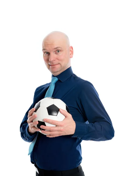 Porträt Eines Jungen Geschäftsmannes Mit Fußball Vor Weißem Hintergrund — Stockfoto