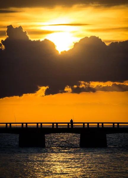 Pôr Sol Com Pescador Port Bessin França — Fotografia de Stock