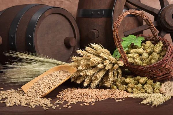 Dois Barris Cerveja Com Trigo Cevada Lúpulo Malte — Fotografia de Stock