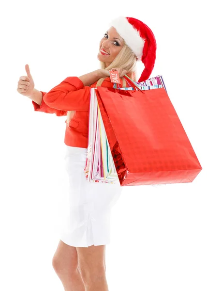 Mulher Bonita Chapéu Papai Noel Com Sacos Compras Fica Fundo — Fotografia de Stock