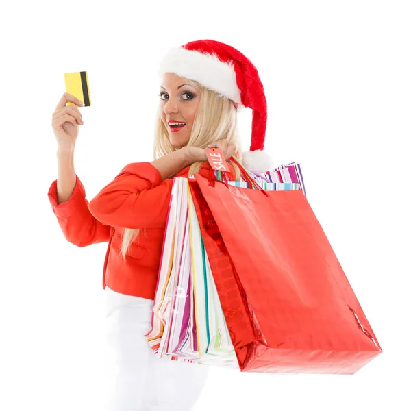 Mulher Bonita Chapéu Papai Noel Com Sacos Compras Cartão Crédito — Fotografia de Stock