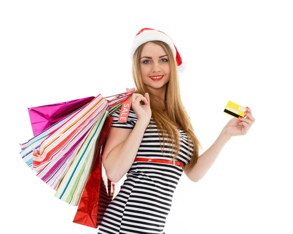 Mujer Joven Bonita Sombrero Santa Con Bolsas Compras Tarjetas Crédito — Foto de Stock