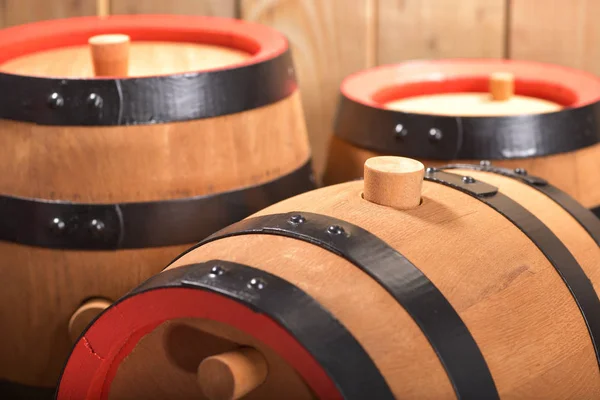 Three Old Beer Kegs Wood Plugs Wooden Background — 스톡 사진