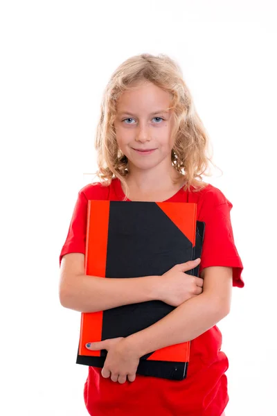 Menina Loira Com Livros Frente Fundo Branco — Fotografia de Stock