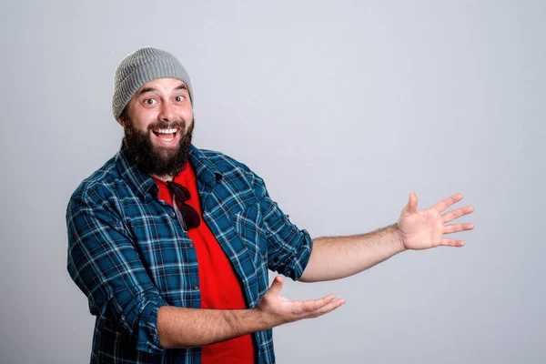 Young Bearded Man Pointing Side — Stock Photo, Image