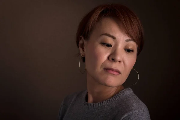 Headshot Sad Looking Middle Aged Japanese Woman — Stock Photo, Image