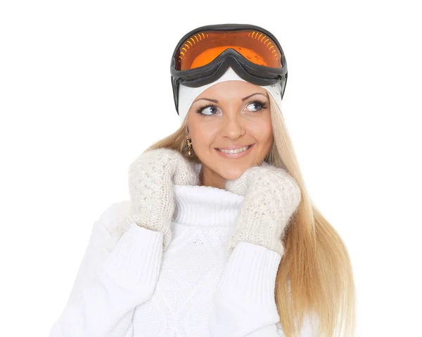 Joven Mujer Feliz Con Ropa Caliente Invierno Gafas Esquí Apoya —  Fotos de Stock