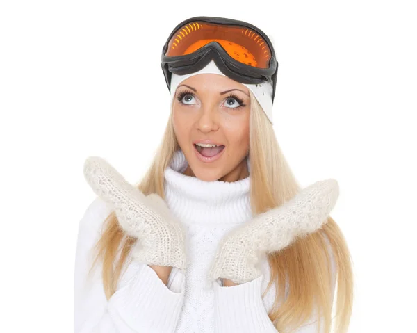 Portrait Jeune Femme Surprise Vêtements Chauds Hiver Lunettes Ski Sur — Photo