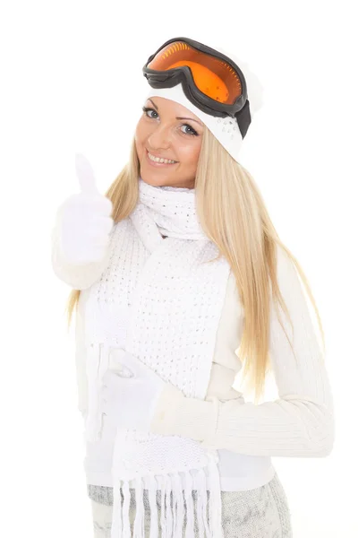 Jeune Femme Heureuse Hiver Vêtements Chauds Lunettes Ski Tient Sur — Photo