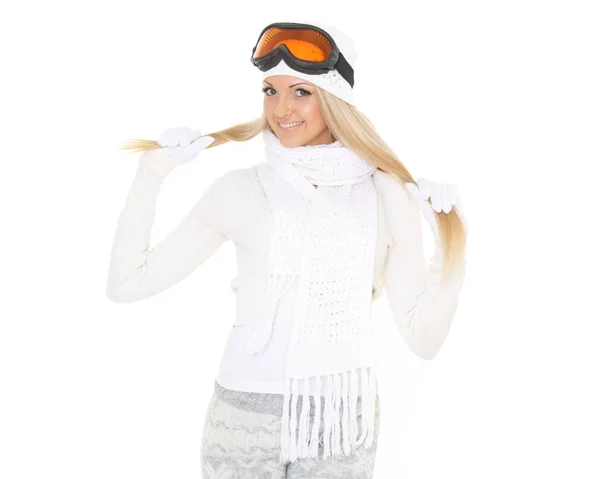 Jeune Femme Heureuse Hiver Vêtements Chauds Lunettes Ski Tient Sur — Photo