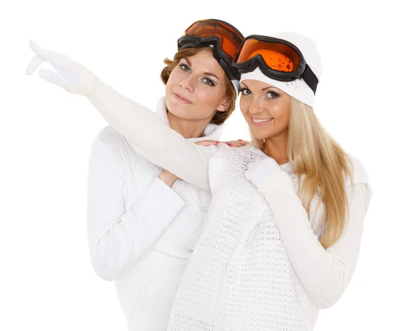 Deux Jeunes Jolies Femmes Vêtues Hiver Portant Des Lunettes Ski — Photo