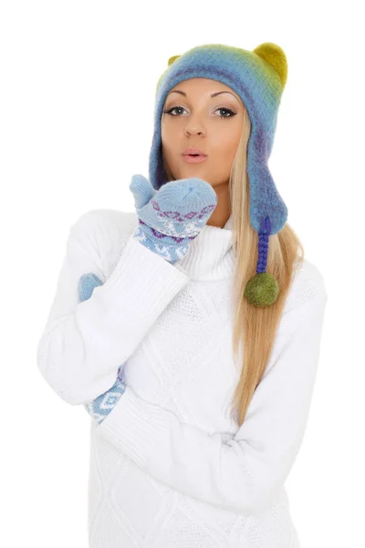 Ung Glad Vacker Kvinna Vinterkläder Står Vit Bakgrund — Stockfoto