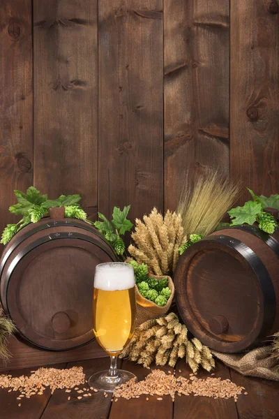 Deux Fûts Verre Bière Blé Orge Houblon Malt — Photo