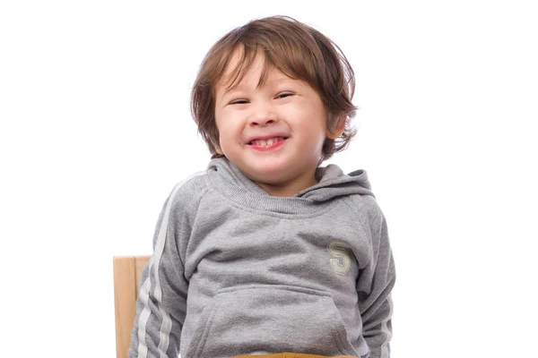 Menino Bonito Anos Com Uma Expressão Feliz Fundo Branco — Fotografia de Stock