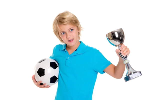 Loiro Menino Com Bola Futebol Copo Frente Fundo Branco — Fotografia de Stock