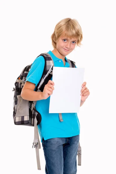 Blond Boy Front White Background Good Report Card — Stock Photo, Image