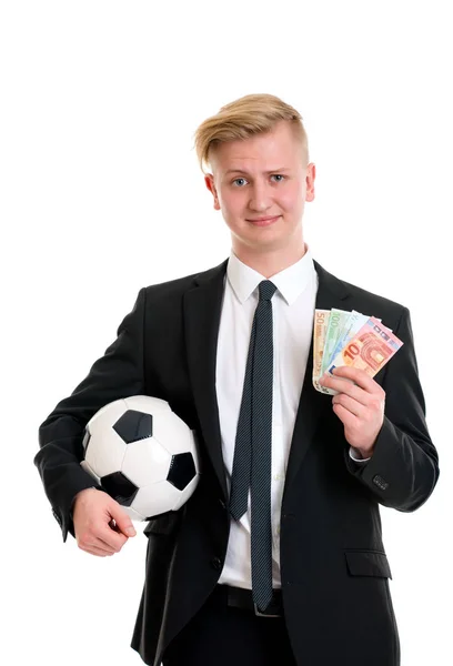 Portret Młodego Biznesmena Piłką Nożną Pieniędzmi — Zdjęcie stockowe