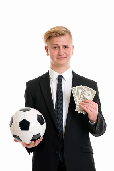 Portret Młodego Biznesmena Piłką Nożną Pieniędzmi — Zdjęcie stockowe