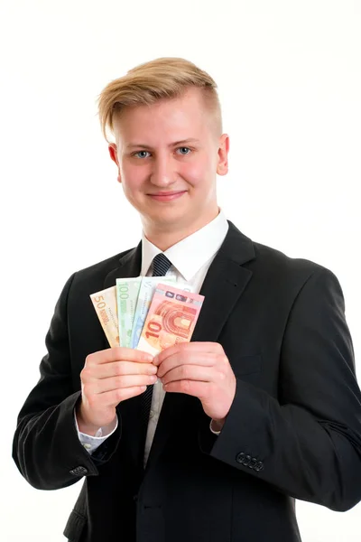 Jonge Zakenman Zwart Pak Tonen Geld — Stockfoto