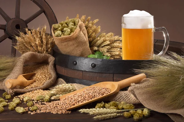 Barril Jarra Cerveza Con Trigo Cebada Lúpulo Malta — Foto de Stock