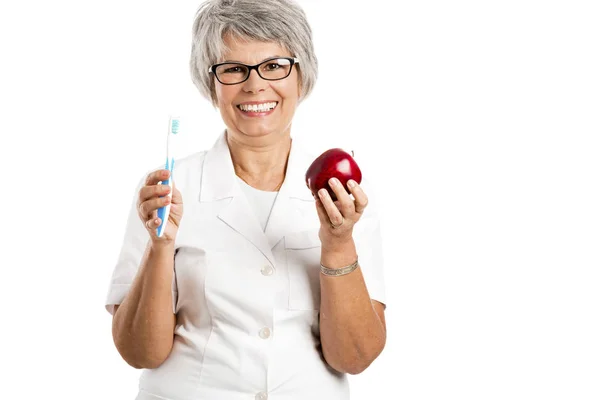 Portrait Happy Old Woman Brushing Her Teeth — Stock Photo, Image