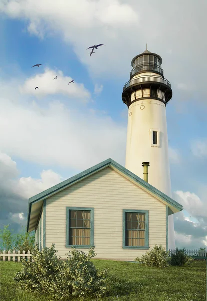 Leuchtturm Mit Einem Echten Haus Seinem Fuße Einer Landschaft Mit — Stockfoto