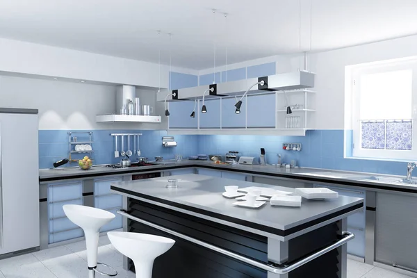 Tabureli Tabaklı Kupalı Modern Mutfak — Stok fotoğraf