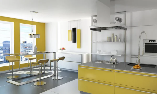 Ada Masa Tabureli Modern Sarı Mutfak — Stok fotoğraf