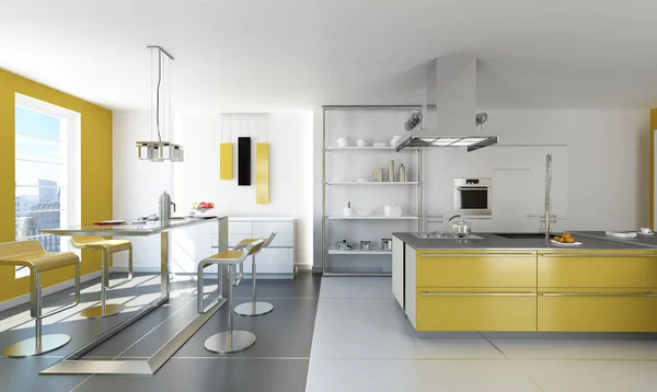 Cocina Moderna Blanca Amarilla Con Mesa Mesa — Foto de Stock