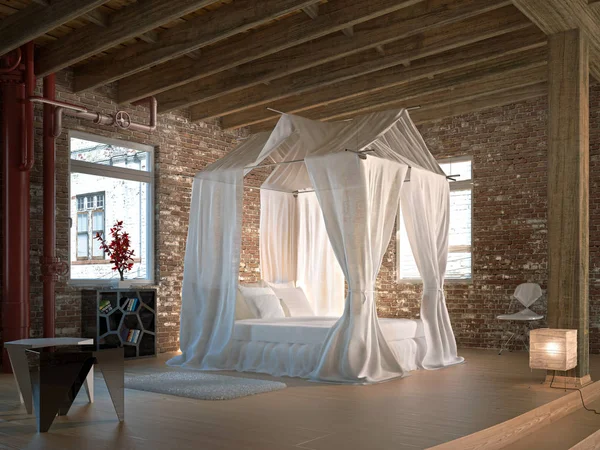 Luxury loft bedroom, with four poster bed. Wooden floor and ceiling and walls made of old bricks, with some pipe conductures.
