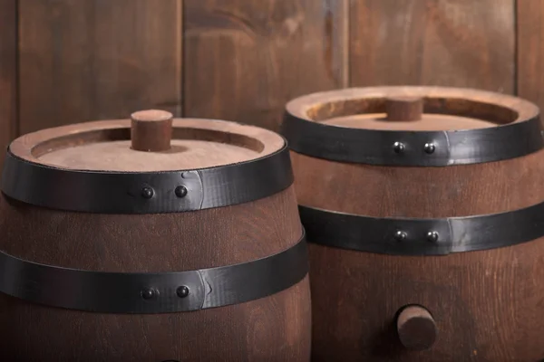 Two Old Wooden Barrels Wood Plug Dark Wood Background — Stockfoto