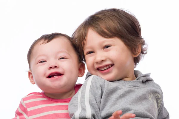 Portrait Frère Une Sœur Mignons Aimants Sur Fond Blanc — Photo