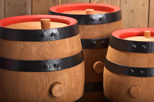 Three Old Beer Kegs Wood Plugs Wooden Background — Stockfoto