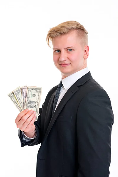 Ung Affärsman Svart Kostym Visar Pengar — Stockfoto