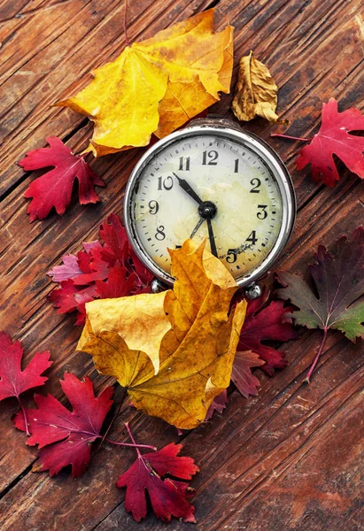 Obsolete Alarm Clock Wooden Background Strewn Fallen Leaves — Stock Photo, Image