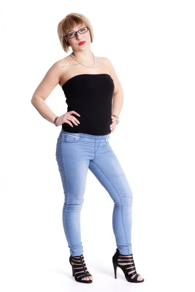 Ung Flicka Jeans Med Svarta Glasögon — Stockfoto