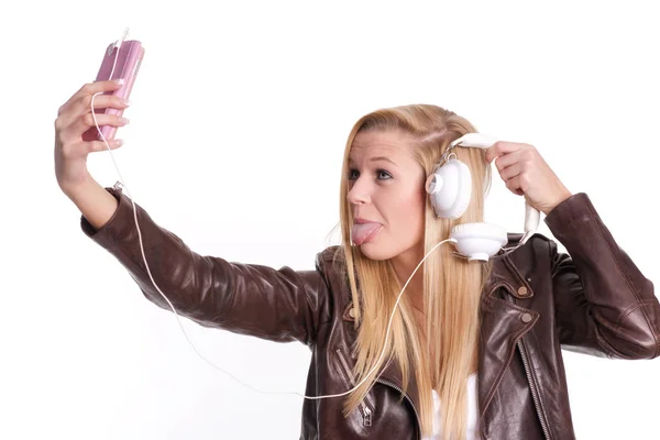 Young Girl Sticking Out Tongue Out Makes Selfie — Stock Photo, Image