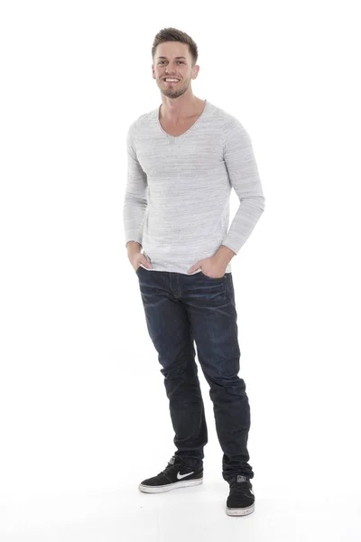 Junger Mann Mit Dreitagebart Jeans Und Pullover — Stockfoto
