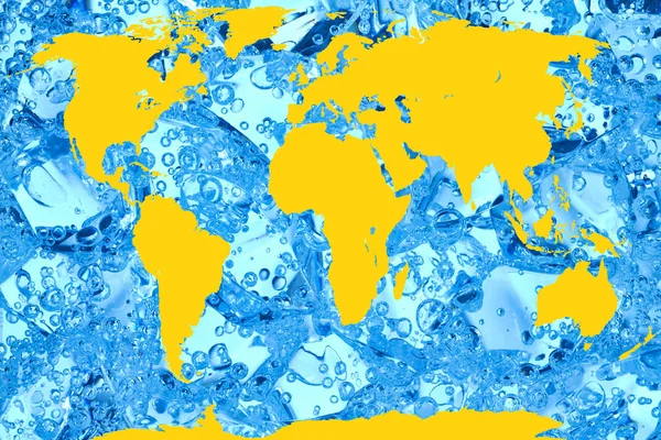 黄色の世界地図に青い氷のキューブを背景に — ストック写真